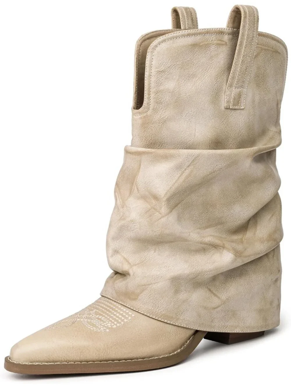 Women's Beige Rubber Calf High and Pointed Toe Slouchy Riding Boots